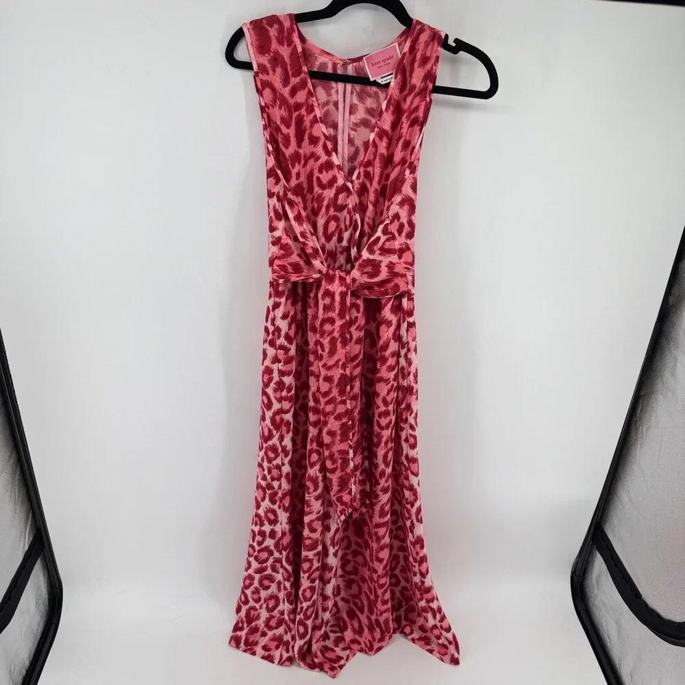 Kate Spade Pink Leopard Print V-Neck Tie Front Midi Dress XS Sleeveless NJMUA674